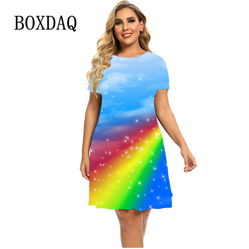 2023 Zomer Mode Patroon Regenboog Jurken Vrouwen Korte Mouw Ronde Hals Truien Losse Kleding Plus Size Casual Mini Jurk