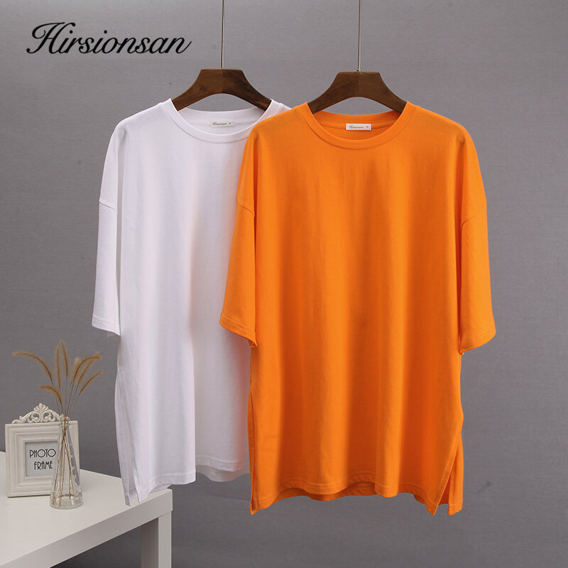 Hirsionsan-T-shirt manches courtes pour femme, en coton, uni, avec fente, décontracté, basique, été 2023