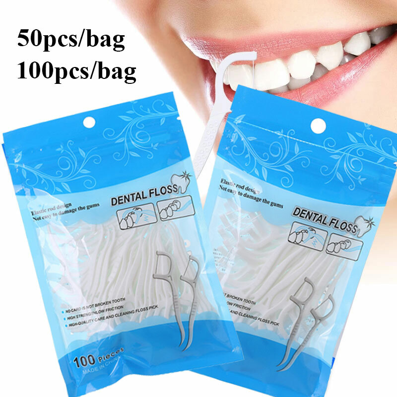Palitos de dente descartáveis para adultos, limpador de dentes interdental com fio, limpeza dentária, 50 pcs, 100pcs
