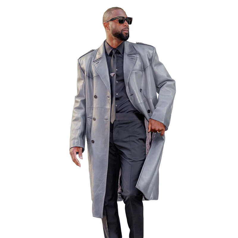 Designer Winter Long Leather Coat For Men Double Breasted Slim Fit Windbreak Tuxedos Overcoat Business Party Only Jacket