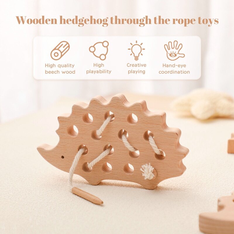 Tablero de roscado de erizo de madera para niños, juguetes Montessori, juguete educativo de madera de haya, bloques de cuentas, rompecabezas, regalos para bebés