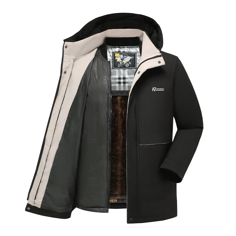 Casaco de algodão espesso masculino, casaco quente solto com chapéu destacável, jaqueta à prova de vento com capuz, novo, 2023