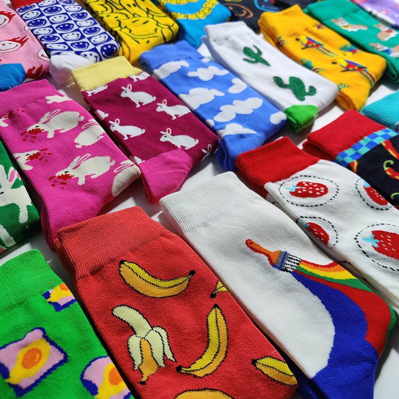 Chaussettes en molleton de dessin animé drôle pour femmes, coton peigné, lapin, fruit, tube alimentaire, chaussettes de sport, heureux, Kawaii, nouveau, 48 styles