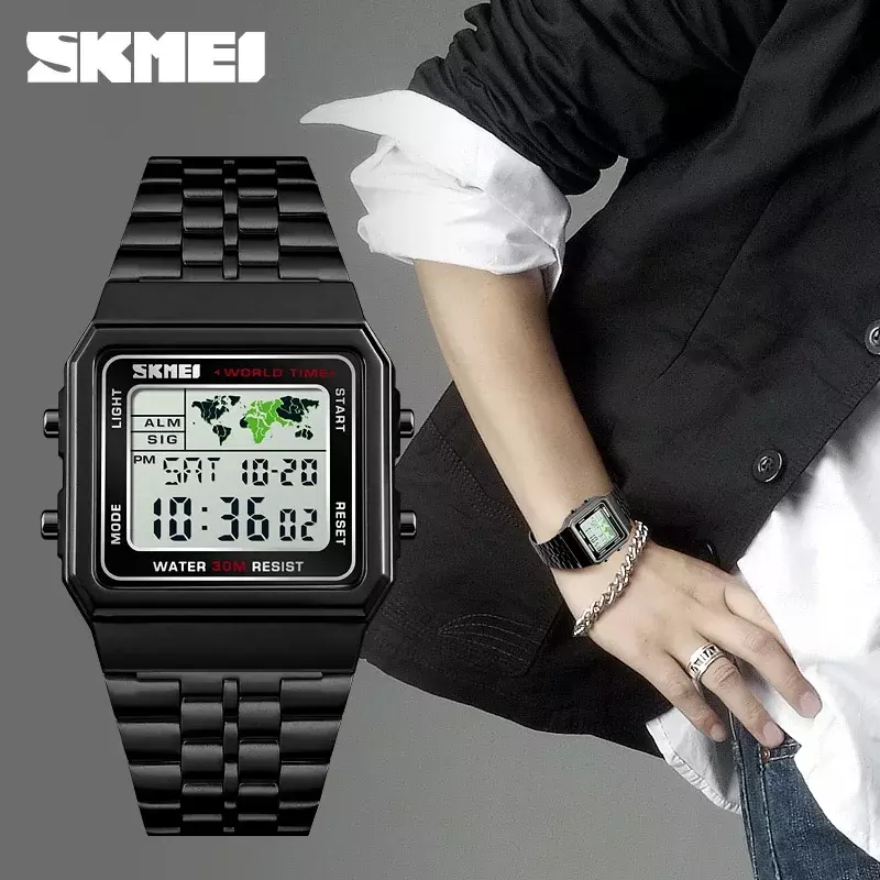 Skmei-男性用デジタル時計,防水,ステンレス鋼,時計,身体活動用,1338