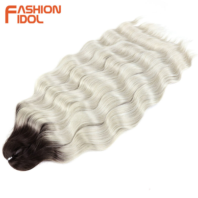 FASHION IDOL-Deep Wave extensões de cabelo sintético, Water Wave Crochet Braid, loira Ombre, cabelo falso, 24"
