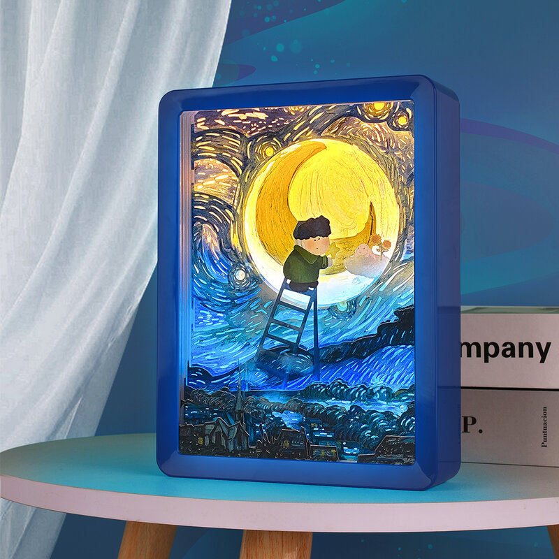 Van Gogh lampu Led kotak Anime lampu malam lampu Diy kotak potong kertas kotak bayangan 3D dekorasi cahaya suasana hati kamar tidur hadiah ulang tahun