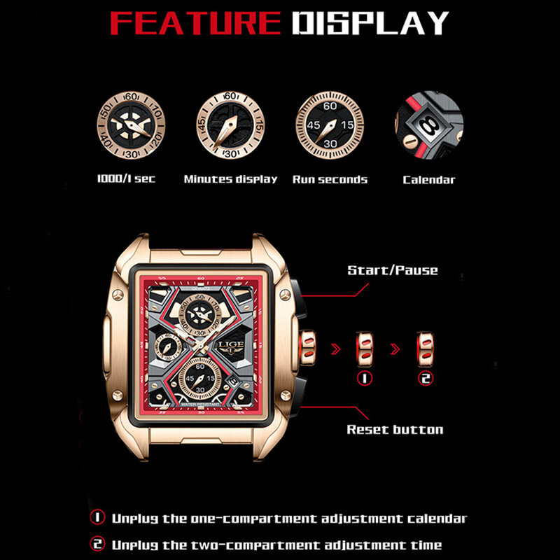 LIGE Luxury Men's Quartz WristWatch Big Watches For Men Fashion Sport Red Rubber Strap watch Cool 30M Waterproof Skeleton Watch