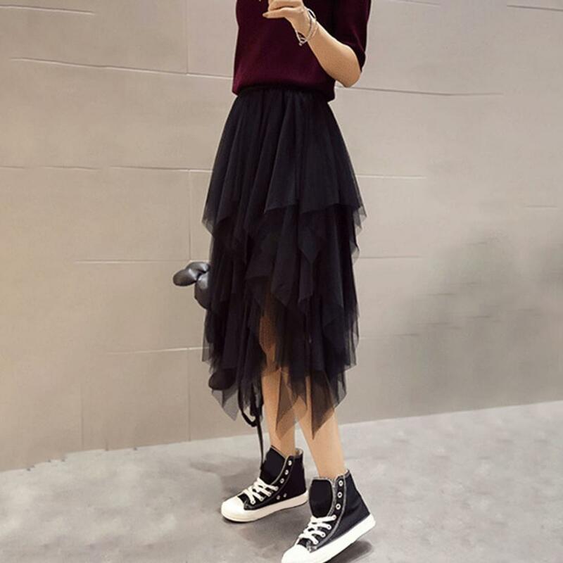 Nieregularna siateczkowa spódnica z dołem elegancka damska spódnica z tiulu z wysokim stanem elastyczna opaska warstwowa siateczka stylowa do Streetwear