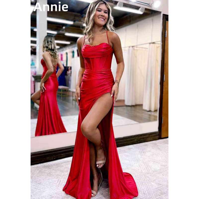 Annie rote Ballkleider sexy Meerjungfrau Seite Schlitz Satin besonderen Anlass Abendkleider Frauen Hochzeits feier Kleid Roben de Soirée