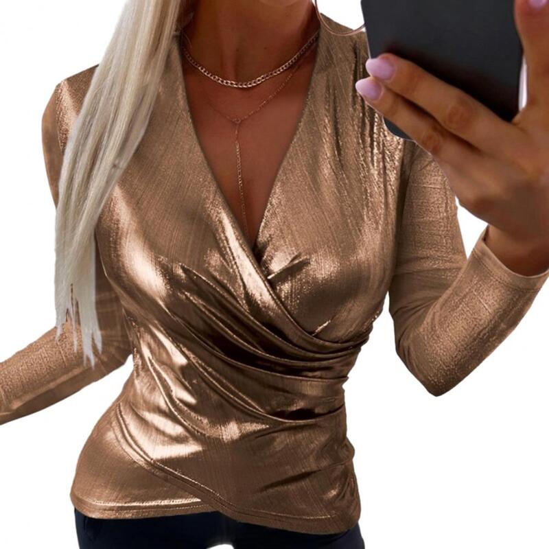 Women Top Stylish Faux Leather Women's Shirt with Deep V Neck Baggy Cross Design Long Sleeve Solid Color Top for Lady Club