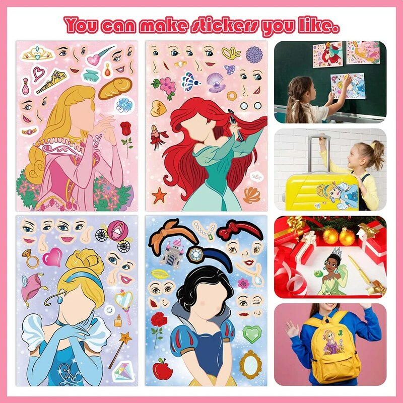 8/16Sheets Disney Princess Puzzle Stickers Make-a-Face Children DIY Assemble Jigsaw Educational Toys Party Favors For Kids Girls
