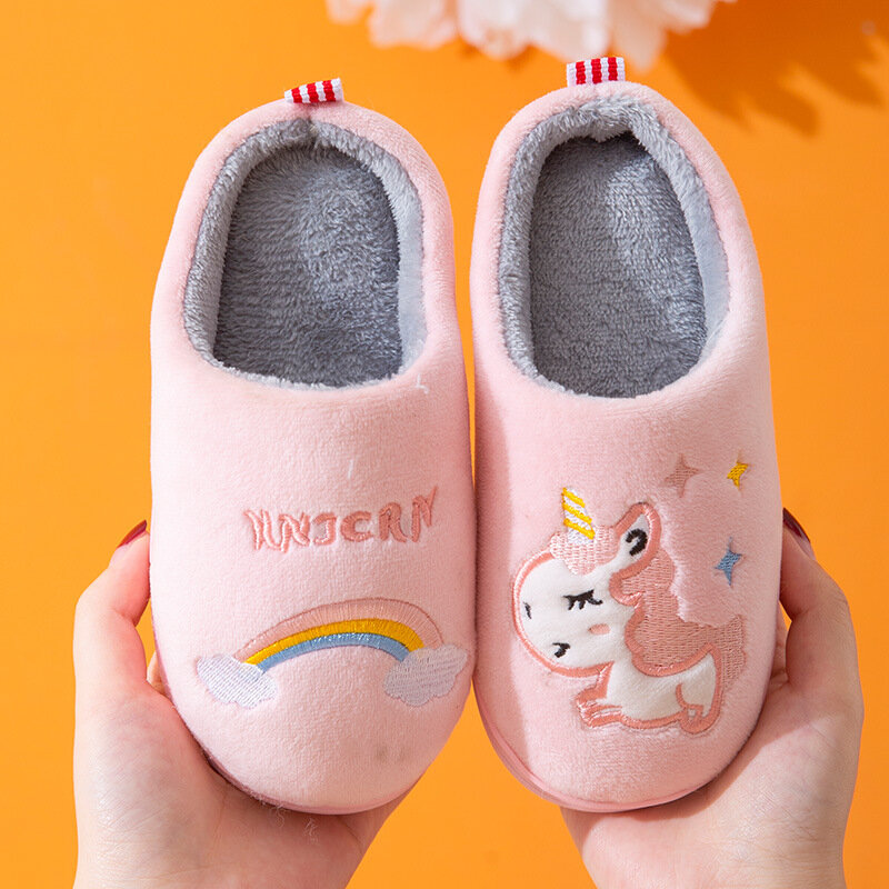 어린이 코튼 신발, 겨울 슬리퍼, 남아 및 여아 아기 귀여운 유니콘 따뜻한 신발, 두꺼운 대형 어린이 홈 슬리퍼