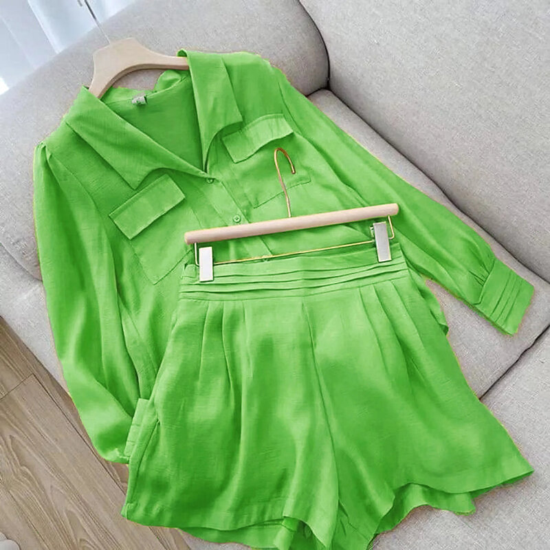 Thin Short Sets Shirts Two Piece Sets Loose Long Sleeve Casual Office Clothing Solid Color 2 Piece Summer Set Women Elegant