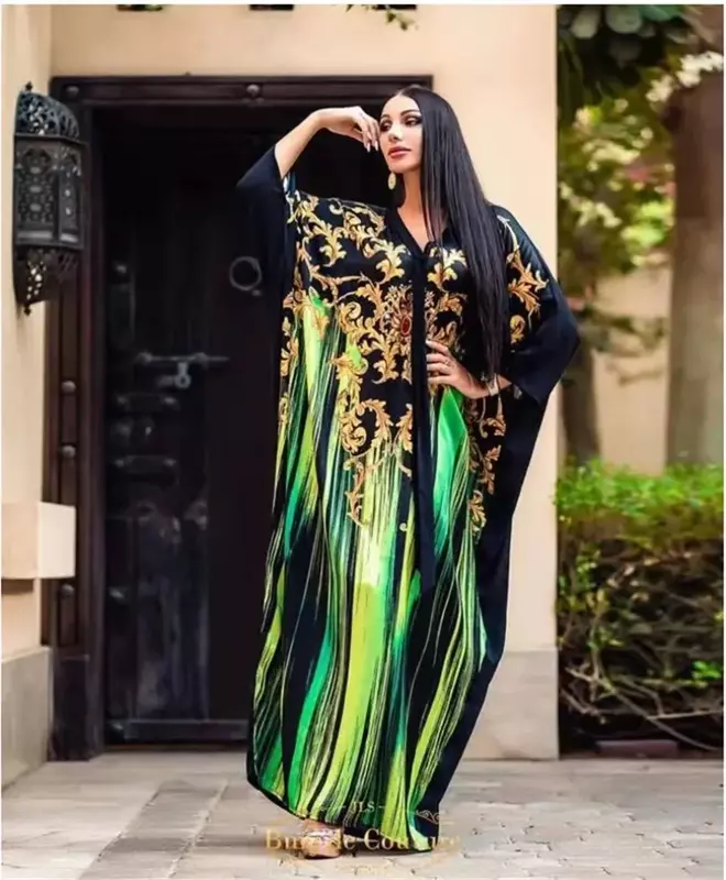เตอร์กีอาฟริก้า untuk Wanita gaun มุสลิม Panjang kerah V kasual gaun hijau bergaris jubah gaun Kaftan Islam Wanita