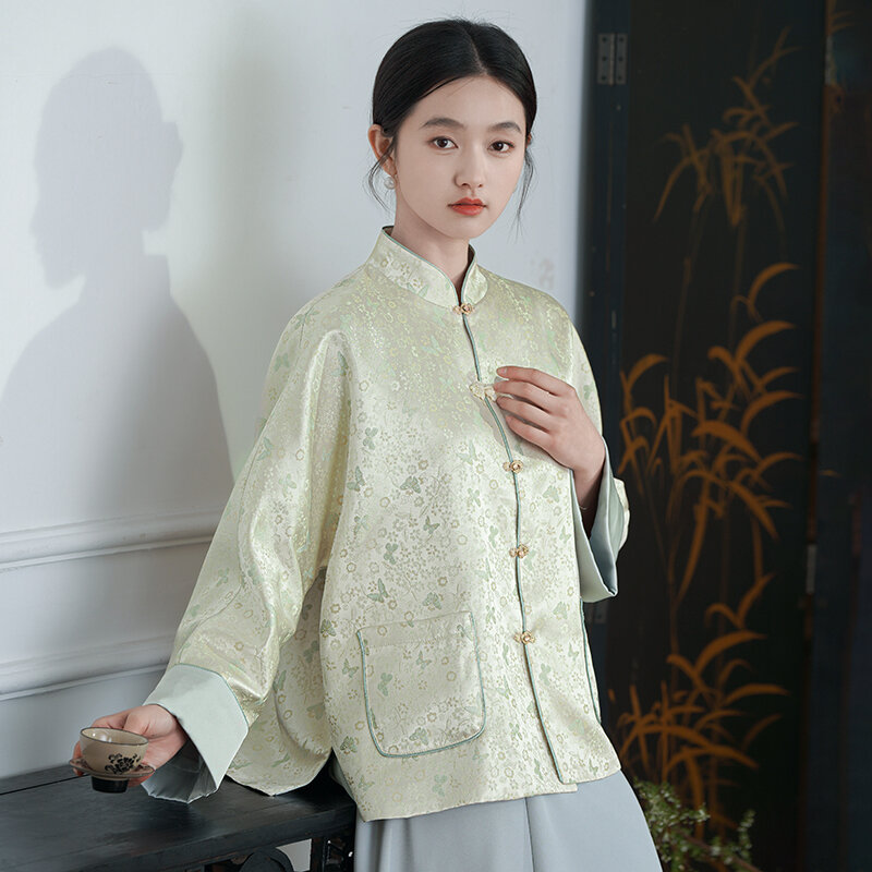 Miiiix 2024 New Chinese Fashion Design Coat Women's Spring Jacquard Imitation Song Brocade Button Top Coat Female Clothing