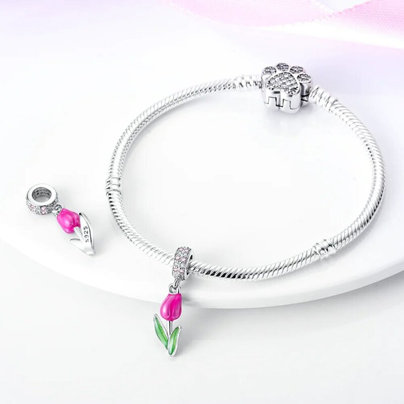 Smuxin 925 Sterling Silver Beads Pink Tulip Dangle Charm fit Original Pandora Bracelets for Women DIY Jewelry Making