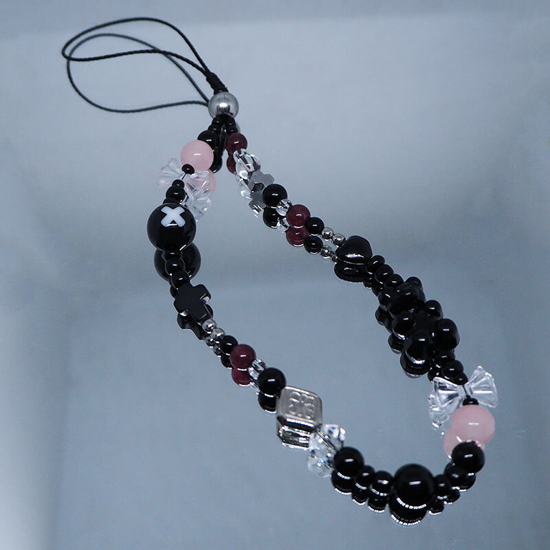 Bow Mobile Y2k Phone Charm Strap Chain Lanyard Black Bear Silver Cross Pink Glass Beads Jewelry Women Girl Cute Keychain Pendant