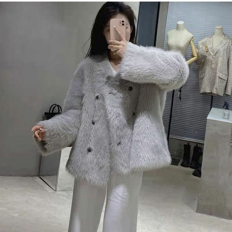 Autumn/winter Luxury Women Faux Fur Jacket Long Hair Furry Coat Stitching Winter Round Collar Short Coat Fashionable Tops B220