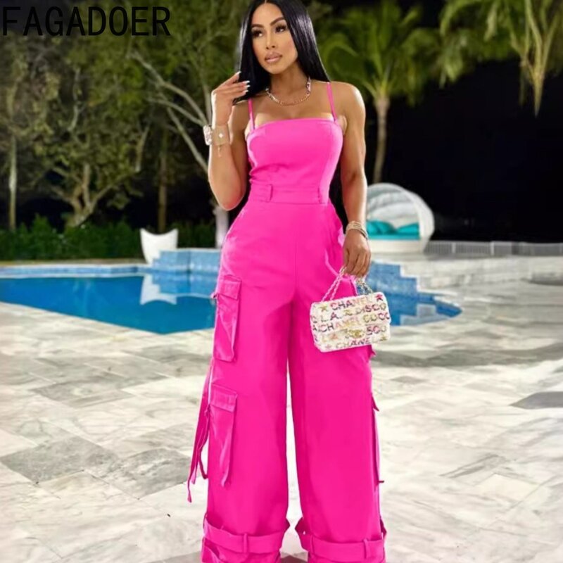 FAGADOER Fashion Solid Large Pocket Cargo Wide Leg Pants Jumpsuits Women Thin Strap Sleeveless Backless Playsuits Female Overall