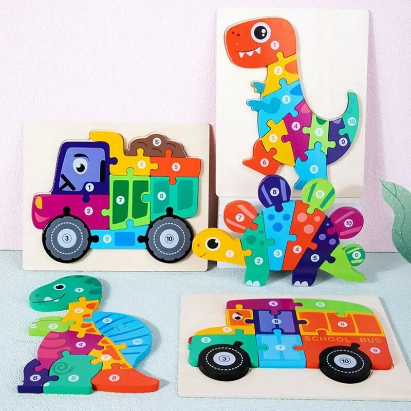 Dinosaur 3D Vehicle Wooden Puzzle, Number Shape Matching Jigsaw, Toy Educação Infantil para Crianças, Jogo de Inteligência, Navio