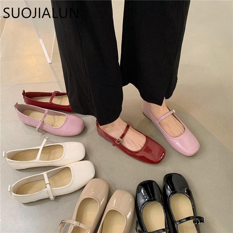 SUOJIALUN 2023 Summer New Women Mary Jane Shoes Soft Casual  Outdoor Dress Flat Ballet Shoes Round Toe Shallow Slip On Flats
