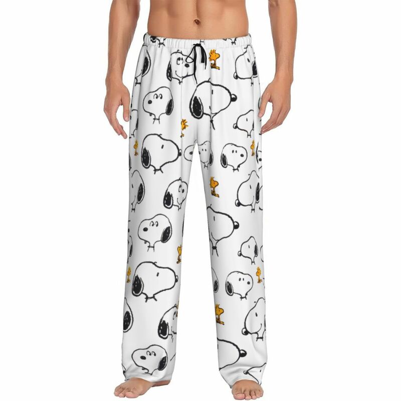 남성용 커스텀 스누피 우드스톡 만화 애니메이션 파자마 바지, 포켓이 있는 애니메이션 강아지 라운지 수면 드로스트링 잠옷 하의