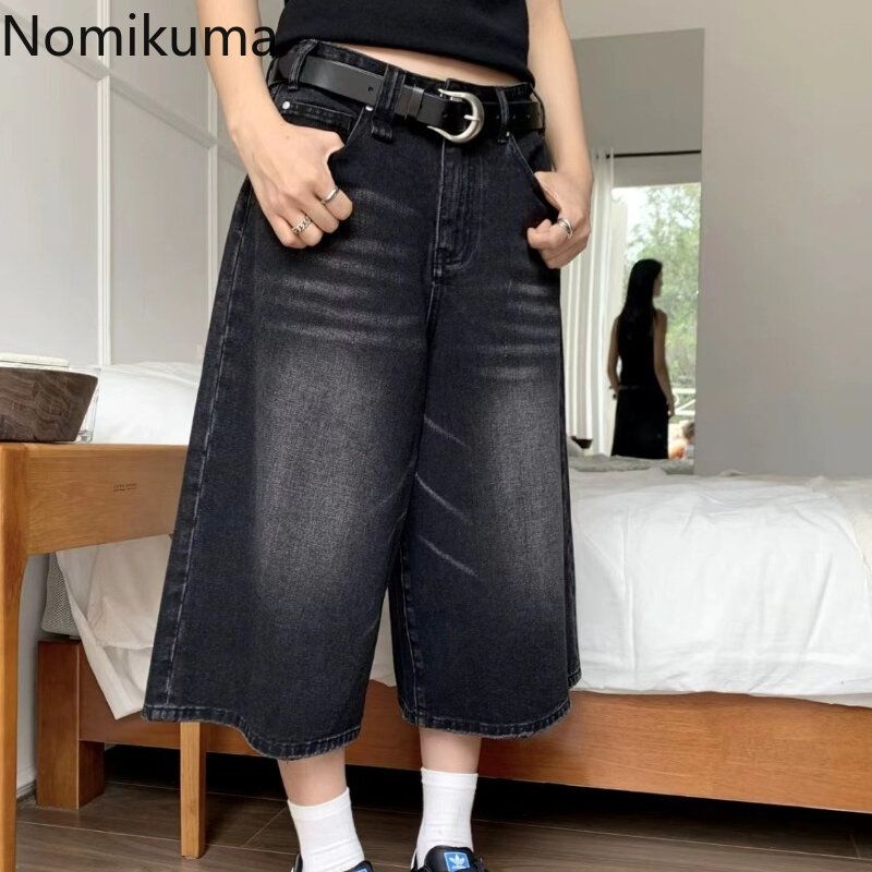 Celana panjang kaki lebar wanita, Jeans pinggang tinggi kasual Y2k musim panas untuk perempuan