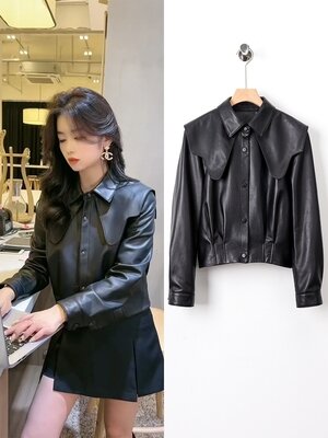 Jaket kulit wanita, jaket pendek musim gugur gaya Korea temperamen leher boneka pinggang tinggi