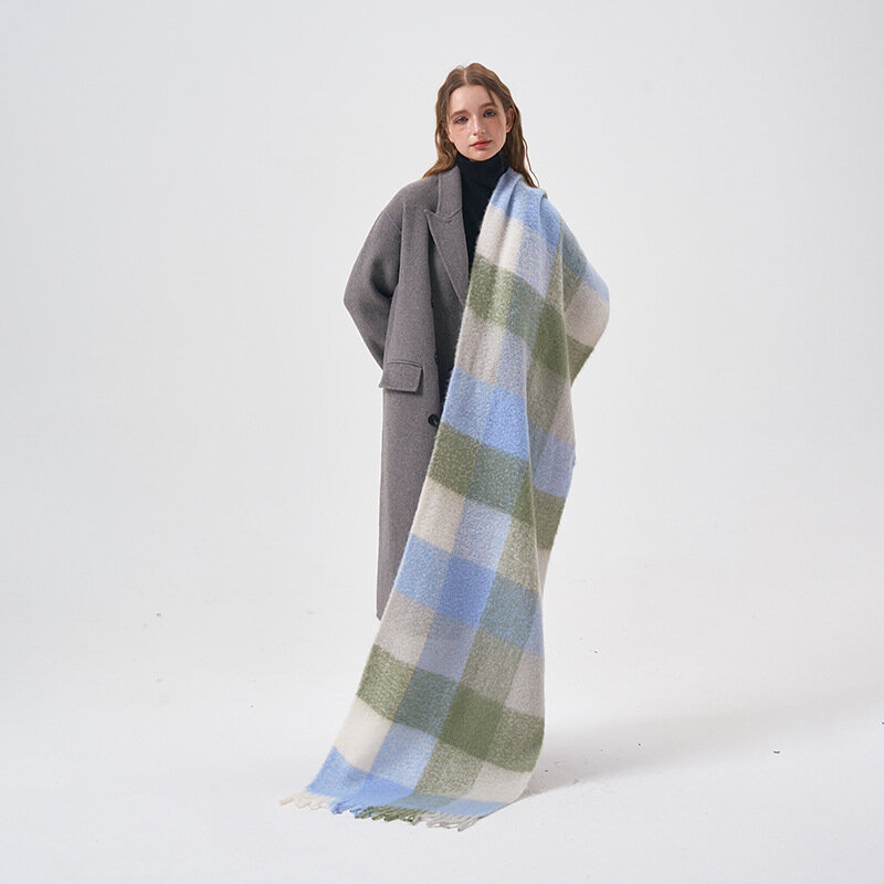 2023Winter New Style with 32% Wool Plaid Women's Scarf Wool BlendThickened and Warm Outer Collar Widened Outer Collar Cold Shawl
