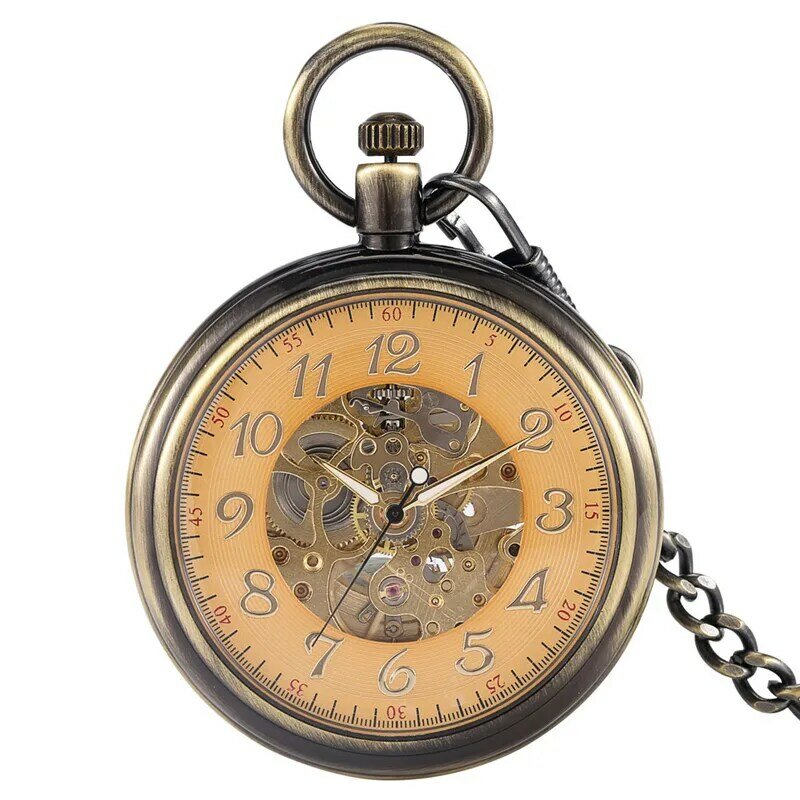 앤티크 합금 케이스 기계식 포켓 시계, 자동 해골 시계, 빛나는 손 펜던트, 시계 고리 체인, Reloj