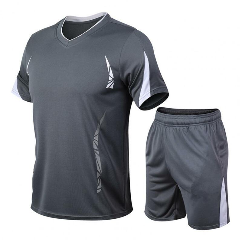 2Pcs/Set Men Shorts Set Summer Outfit T-shirt Plus Size Wide Leg Casual Patchwork Color Basketball Football T-shirt Sport Set