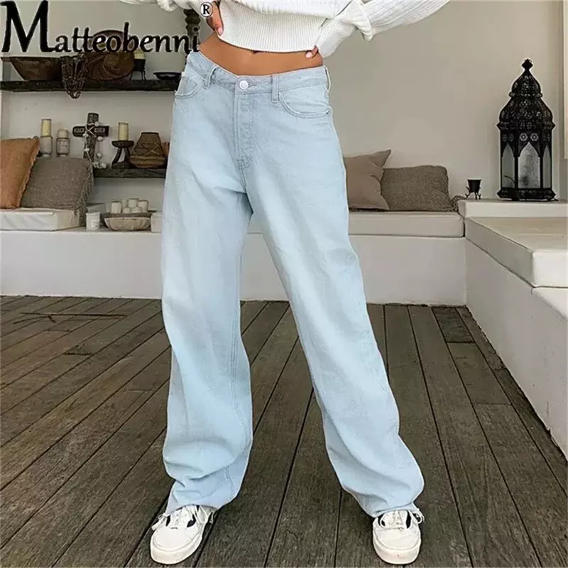 2021ผู้หญิงสูงเอวกางเกงยีนส์ Vintage Blue Jean กางเกงตรง Overalls Denim กางเกงสุภาพสตรียาวหลวม Street กางเกงยีนส์ขากว้าง
