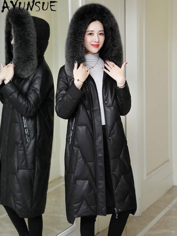 AYUNSUE jaket kulit domba asli wanita, jaket kulit domba asli musim dingin 2023, mantel bulu rubah bertudung kerah bulu rubah