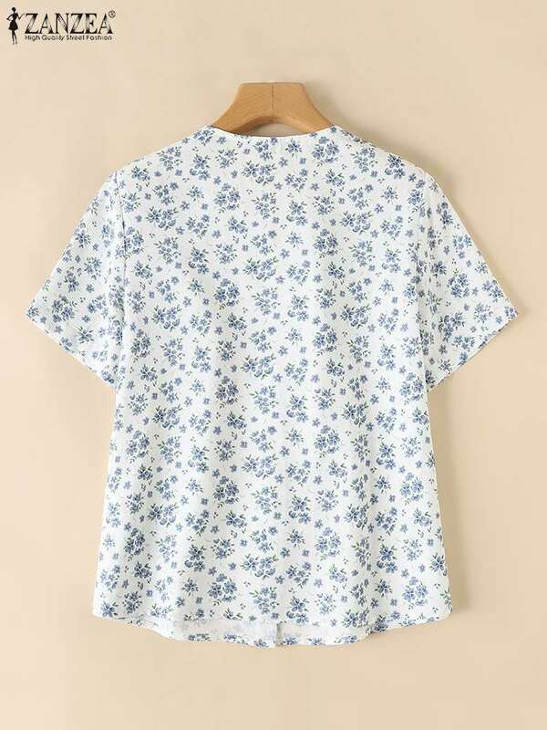 Zazeze-قميص نسائي بطبعة زهور ، طراز بوهيمي ، أكمام قصيرة ، رقبة حرف V ، أزرار ، تونك ، عتيق ، غير رسمي ، صيفي ،