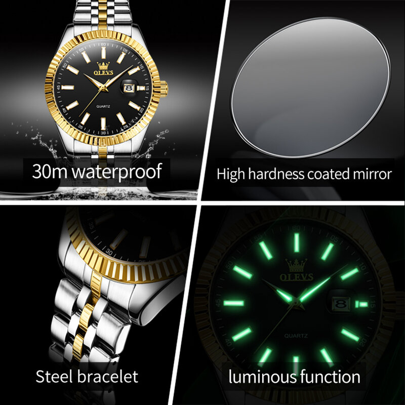 OLEVS jam tangan Quartz Fashion 5593, hadiah gelang arloji baja tahan karat, kalender dial bulat bercahaya