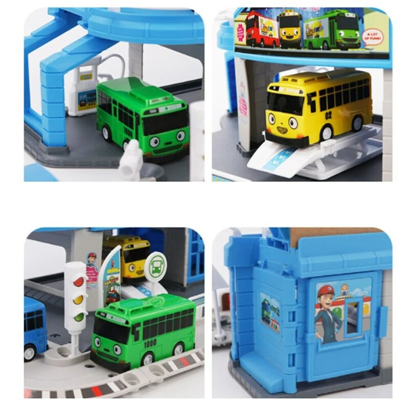Мультяшные рисунки Tayo, набор маленьких автобусов, собранная автобусная станция, стоянка, модельная модель автомобиля с 2 мини-автобусами Tayo