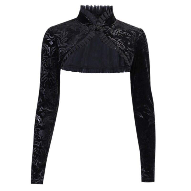 Dark Gothic Floral Jacquard Crop Top Shrug for Women Long Sleeve Ruffle Mock Neck Alternative Cover Up Cardigan Jackets Dropship