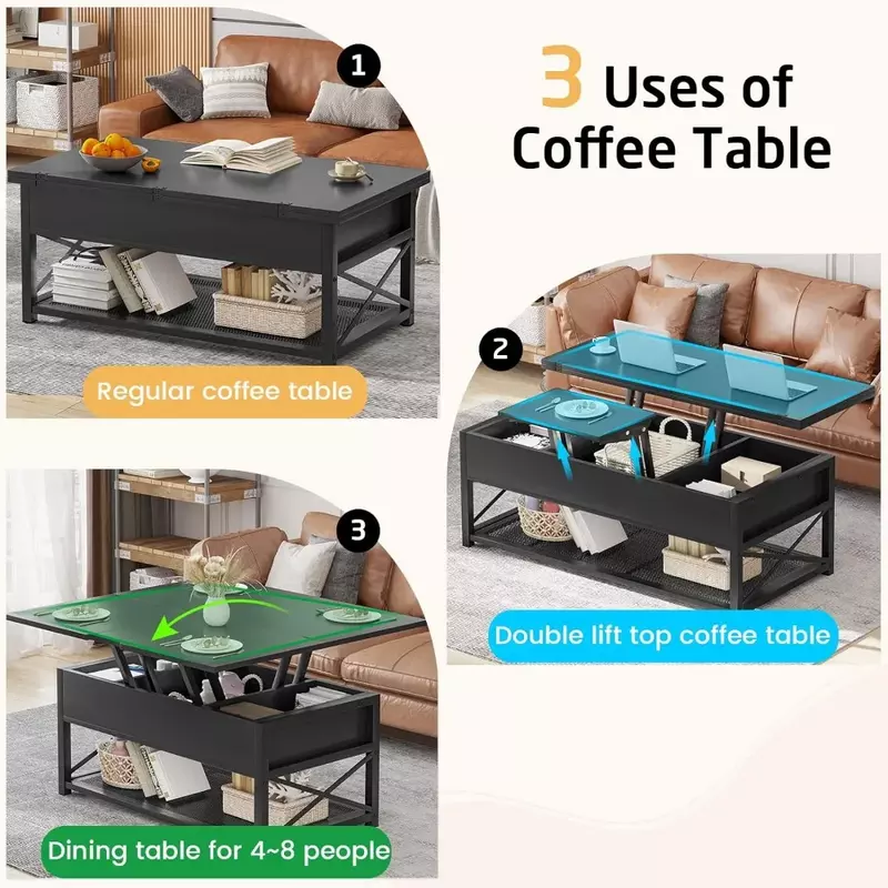 طاولة قهوة علوي ، طاولات متعددة الوظائف مع مساحة تخزين لغرفة المعيشة ، طاولة قهوة 43 "، 3 في 1