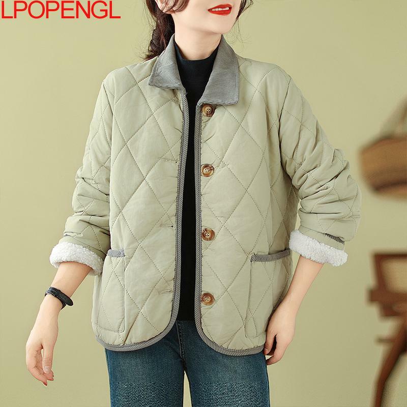 Herbst und Winter Cord kragen kurze Daunen Baumwoll jacke Damen koreanische Vintage Farbe blockierende Streetwear Einreiher Top