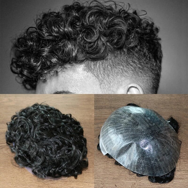 Parrucchino per capelli umani per uomo 20MM parrucca Afro riccia Super sottile pelle Jet nero sistema di sostituzione Microskin PU protesi capillare