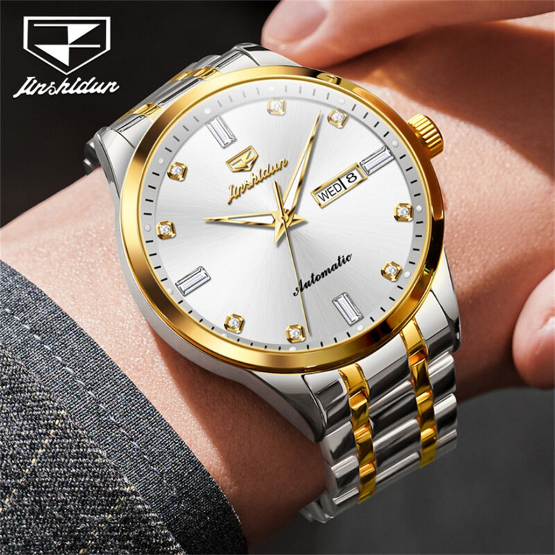 JSDUN-clássico relógio mecânico com mostrador redondo, pulseira de aço inoxidável, Week Display, Calendário, Presente, 8841
