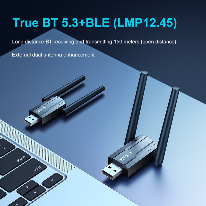 Adaptor Dongle Bluetooth 150 5.3 M, adaptor Dongle adaptor USB Bluetooth 5.0 untuk PC Windows 11/10/8.1 Mouse Keyboard penerima Audio