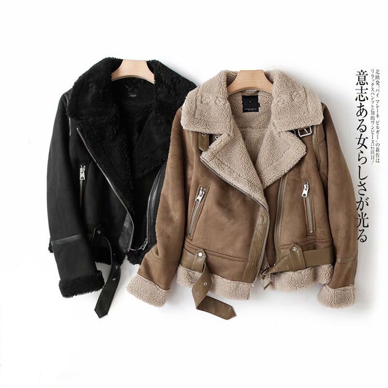 Autumn and Winter Solid Suede Leather and Wool Integrated Lamb Hair Warm Coat Motorcycle Wear for Women