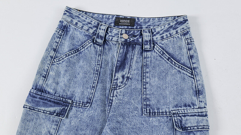 Jeans de carga hip-hop masculino com bolsos múltiplos, calças jeans soltas, botões retrô azul lavados, moda vintage, Y2K