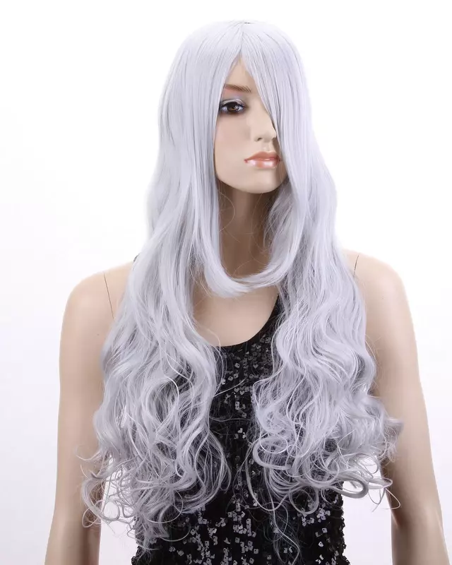 Peruca longa ondulada encaracolada com Franja para mulheres, peruca sintética completa, cinza prateado, cosplay