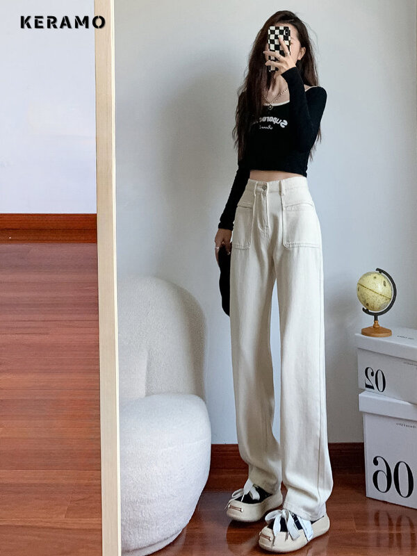 Jeans Harajuku casual feminino, estilo simples, vintage, cintura alta, calça solta, perna larga Y2K, calça jeans folgada punk, verão, 2022