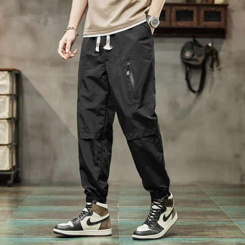 Штаны для бега мужские с эластичной талией, брюки-карго на молнии, брюки до щиколотки, мужские спортивные брюки, Комбинированные брюки