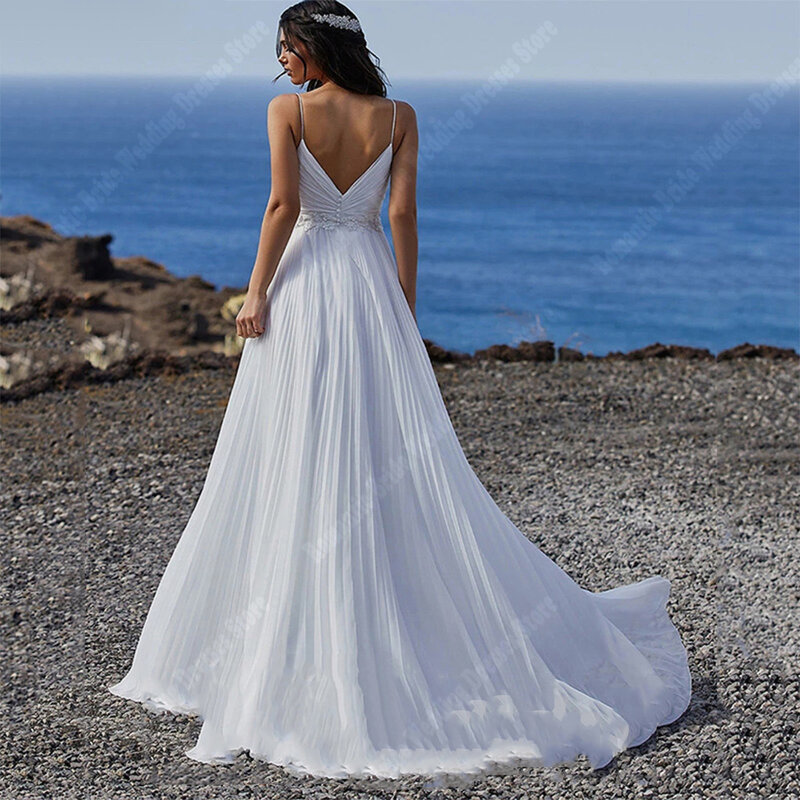 Celebrity Deep-V Neck A-Line Women Wedding Dresses New Sleevless Bridal Gowns Popular Lace Printing Princess Vestidos De Novias