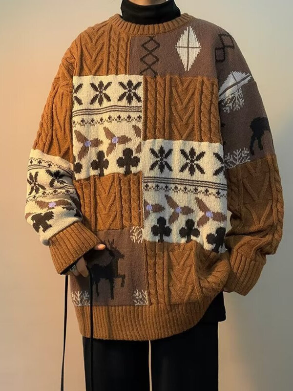 Vintage Pullover Männer Winter geometrisch getäfelte schicke gestrickte lose strukturierte amerikanische Stil Teenager ästhetische Paar Weihnachten