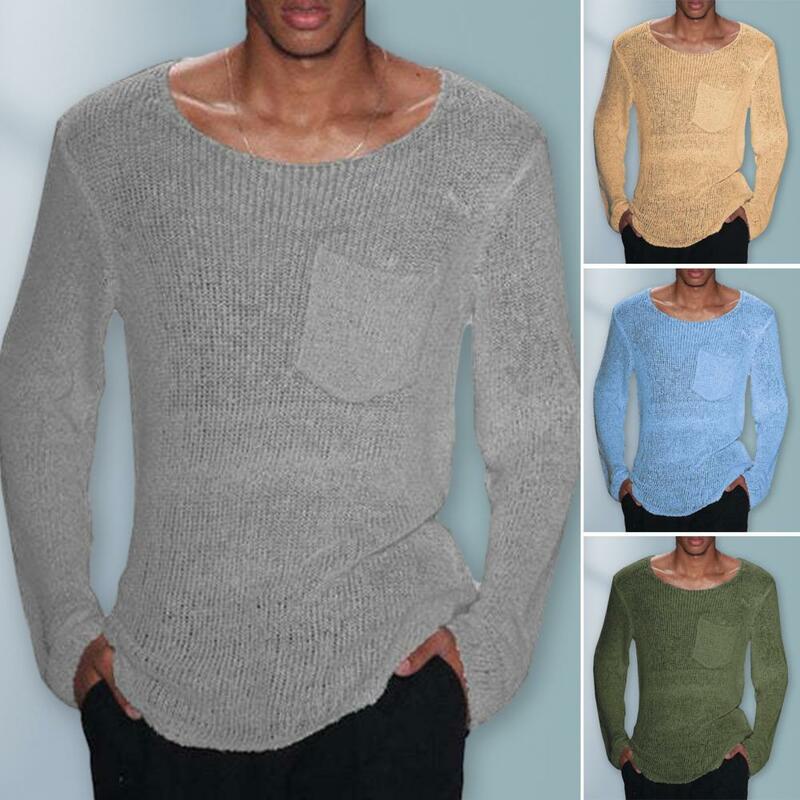 Sweater pria lengan panjang, pakaian rajut kasual pria, Sweater lengan panjang Hollow Out warna Solid longgar modis